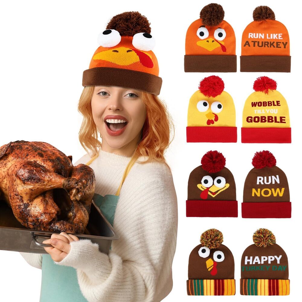 3924 8 Pcs Thanksgiving Turkey Hats Pom Pom Beanie Turkey Trot Hat 3D Felt